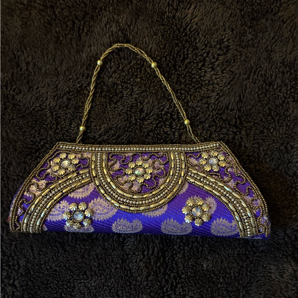 Elegant Purple and Gold Beaded Clutch